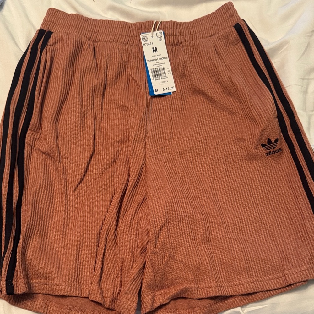 adidas Women's Ribbed Bermuda Shorts in Dusty Rose with Black Stripes